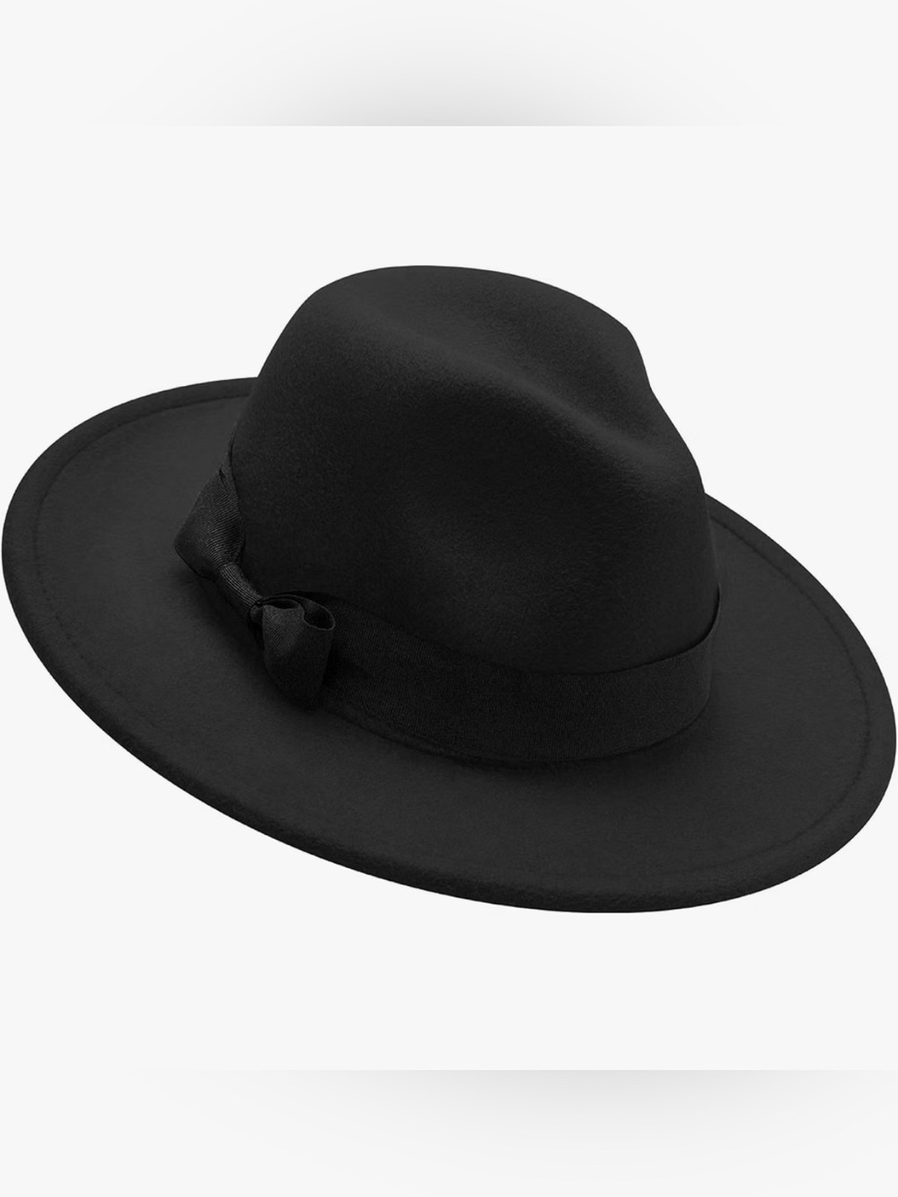 Kids Classic Black Wide Brim Felt Fedora Hat with Bow - Adjustable